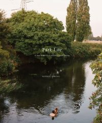 Green park, couple swimming in lake surrounded by trees, on cover of 'Park Life, A Love Letter to London's Greenspaces', by Hoxton Mini Press.