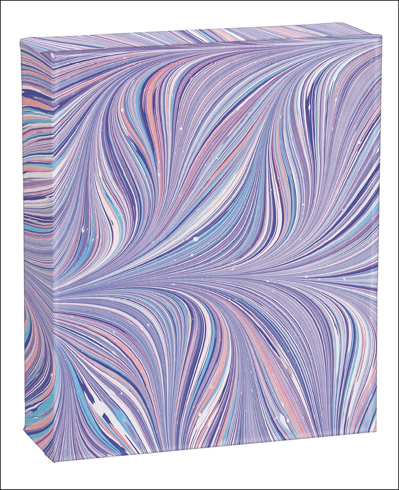 Marbled print pattern in pink, blue and white covering notecard box, by teNeues stationery.