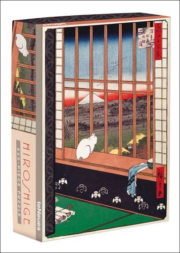 Utagawa Hiroshige's block print Ricefields and Torinomachi Festival with cat staring out of window, covering puzzle box, by teNeues stationery.