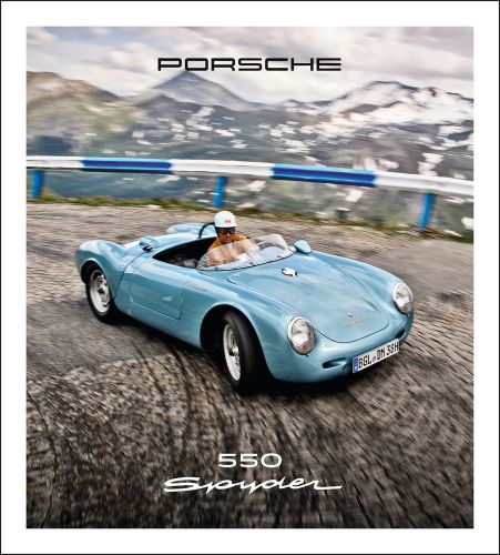 Light blue Porsche 550 Spyder zooming around corner of road above rocky landscape, Porsche 550 Spyder in black and white font
