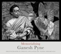 Book cover of Memorialising Ganesh Pyne, with the artist pictured in front of a collage. Published by Mapin Publishing.