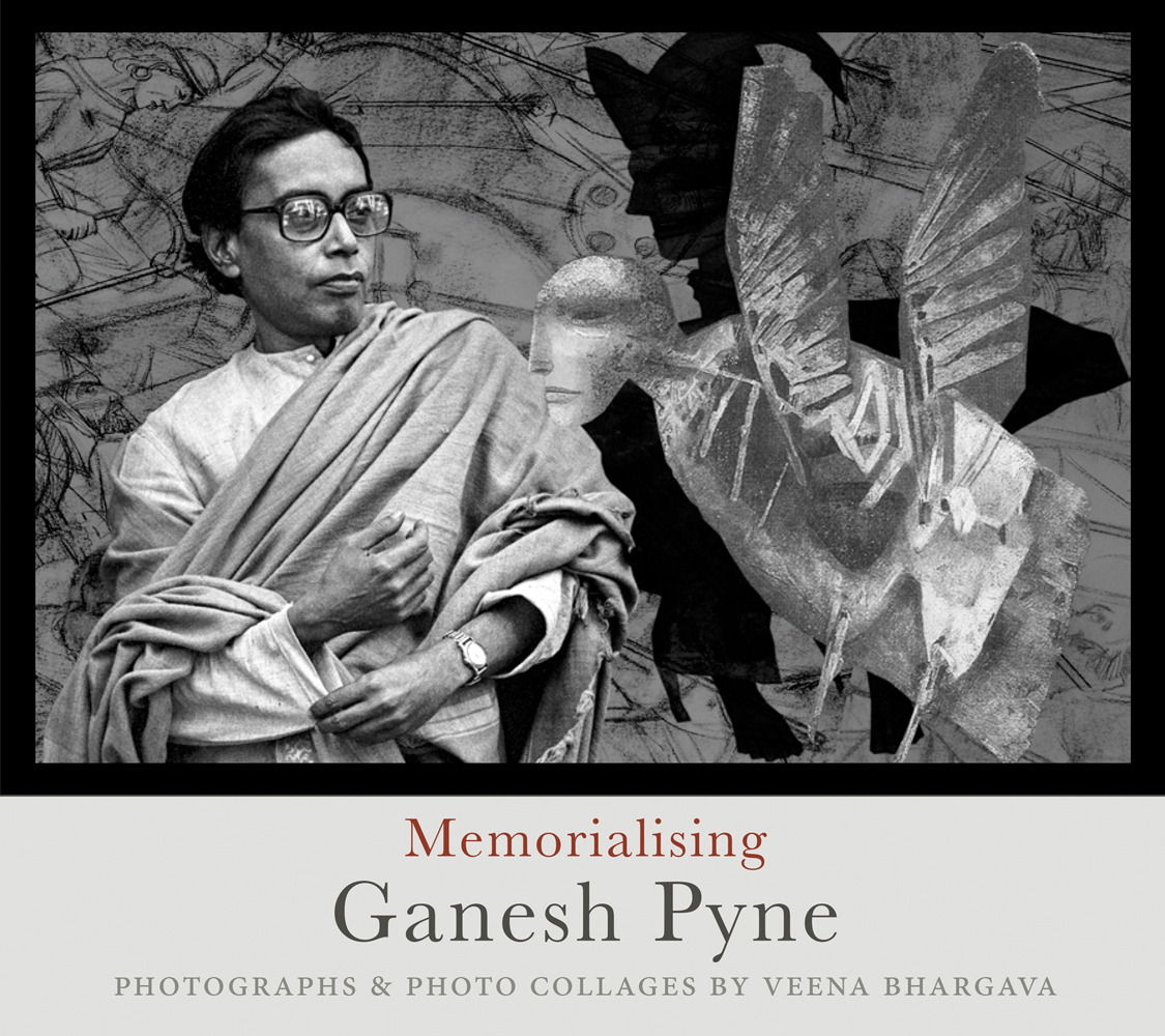 Book cover of Memorialising Ganesh Pyne, with the artist pictured in front of a collage. Published by Mapin Publishing.