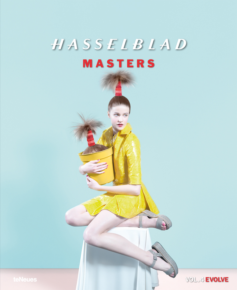 White female model in yellow jacket and skirt, holding a pot with top of head sticking out, by Bára Prášilová, 'HASSELBLAD, MASTERS', in white, and red font above.