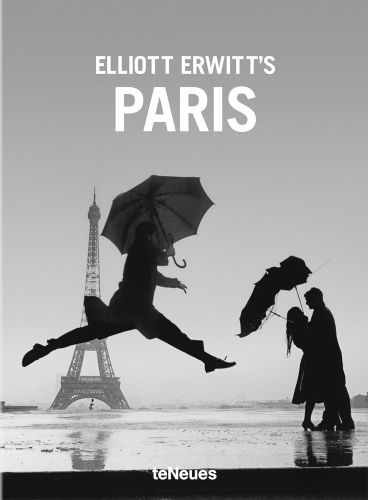 Elliott Erwitt's Paris, France (umbrella jump), 1989, ELLIOTT ERWITT'S PARIS, in white font above.