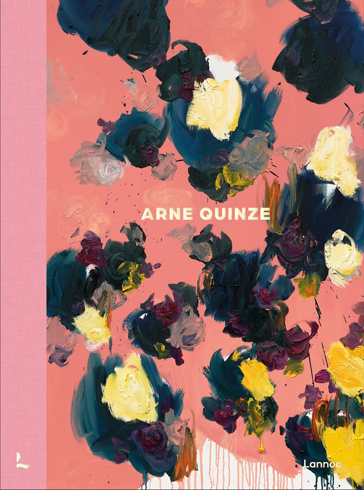 Abstract painting with salmon pink backdrop and dark blue, maroon and yellow floral shapes, on cover of 'Arne Quinze', by Lannoo Publishers.
