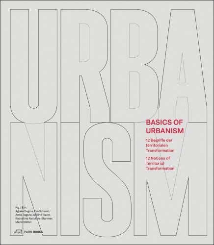 Pale grey cover with URBANISM in fine black outline and Basics of Urbanism in pinky red font