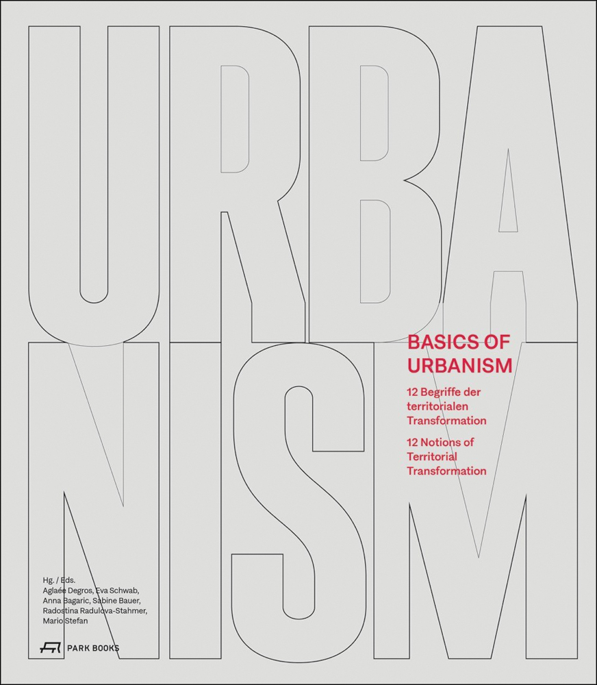Pale grey cover with URBANISM in fine black outline and Basics of Urbanism in pinky red font