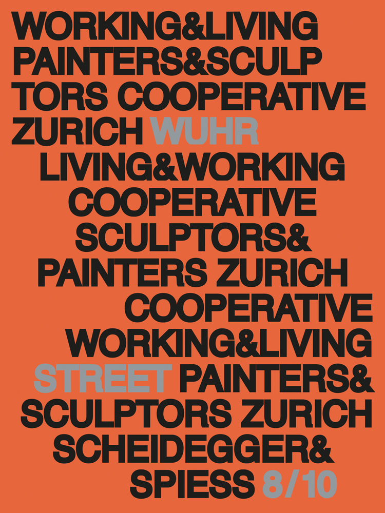 Orange cover with WORKING & LIVING PAINTERS & SCULPTORS COOPERATIVE ZURICH in black font repeated by Scheidegger & Spiess