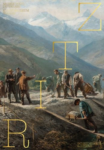 Painting of miners in 19th century dress working on a mountainous landscape with RITZ in gold font diagonally across the front from bottom left