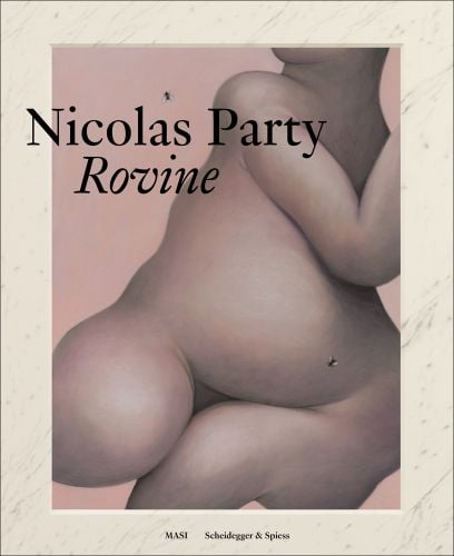 Portrait painting of nude female from neck to knee with cream marble textured border and Nicolas Party – Rovine in black font