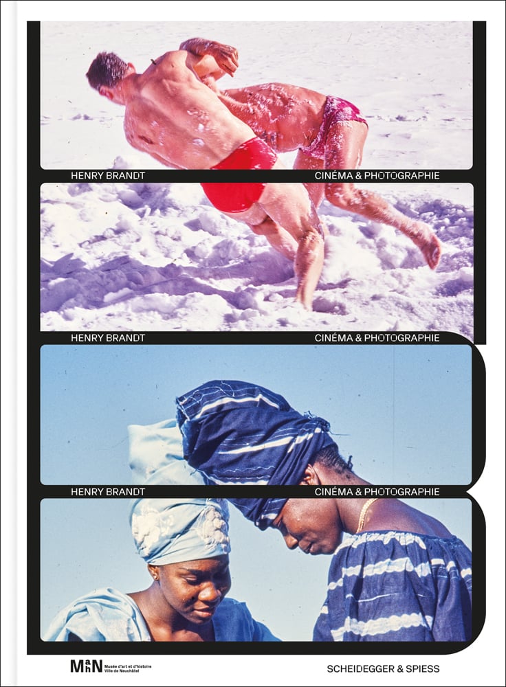 2 photos with black borders one of 2 men wrestling in snow and 2 black women in head wraps with Henry Brandt Cinéma et photographie in white