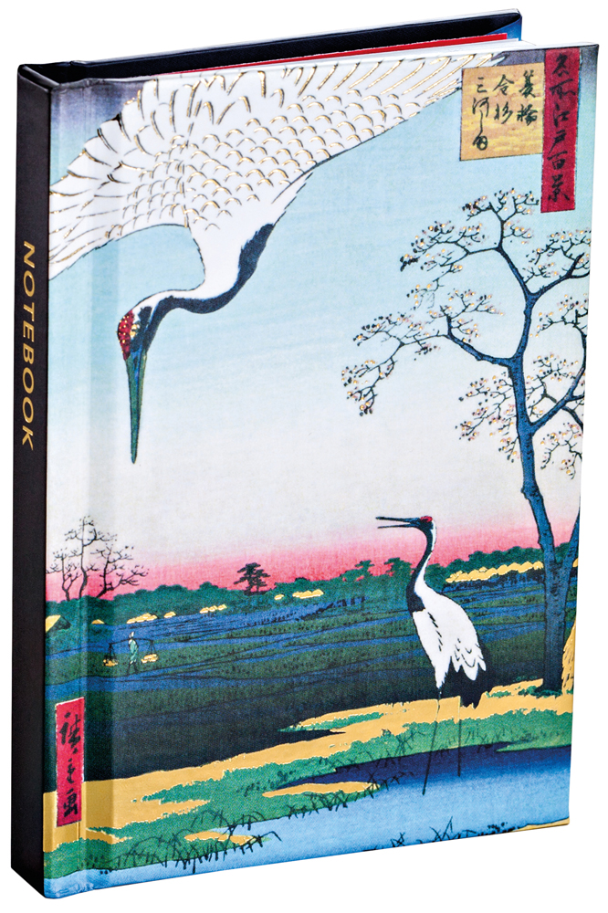 Japanese cranes in landscape print by Utagawa Hiroshige, on notebook cover, by teNeues stationery.