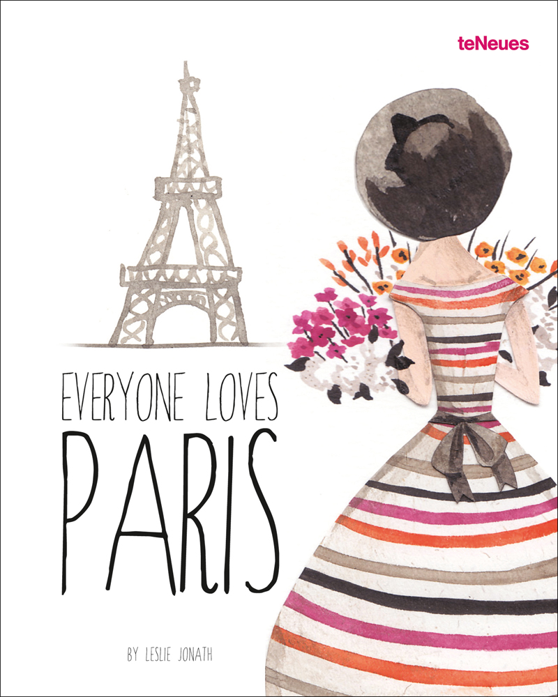Back of white female in striped dress, holding bouquets of flowers while staring at Eiffel Tower, 'EVERYONE LOVES PARIS', in black font to bottom left of white cover.