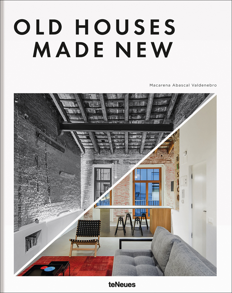 Two interiors, before and after renovation, on white cover, 'OLD HOUSES MADE NEW', in black font above, by teNeues Books.