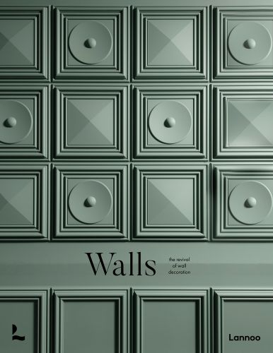 Olive green square panelled wall with circle shapes in alternate squares and Walls The Revival of Wall Decoration in black font below