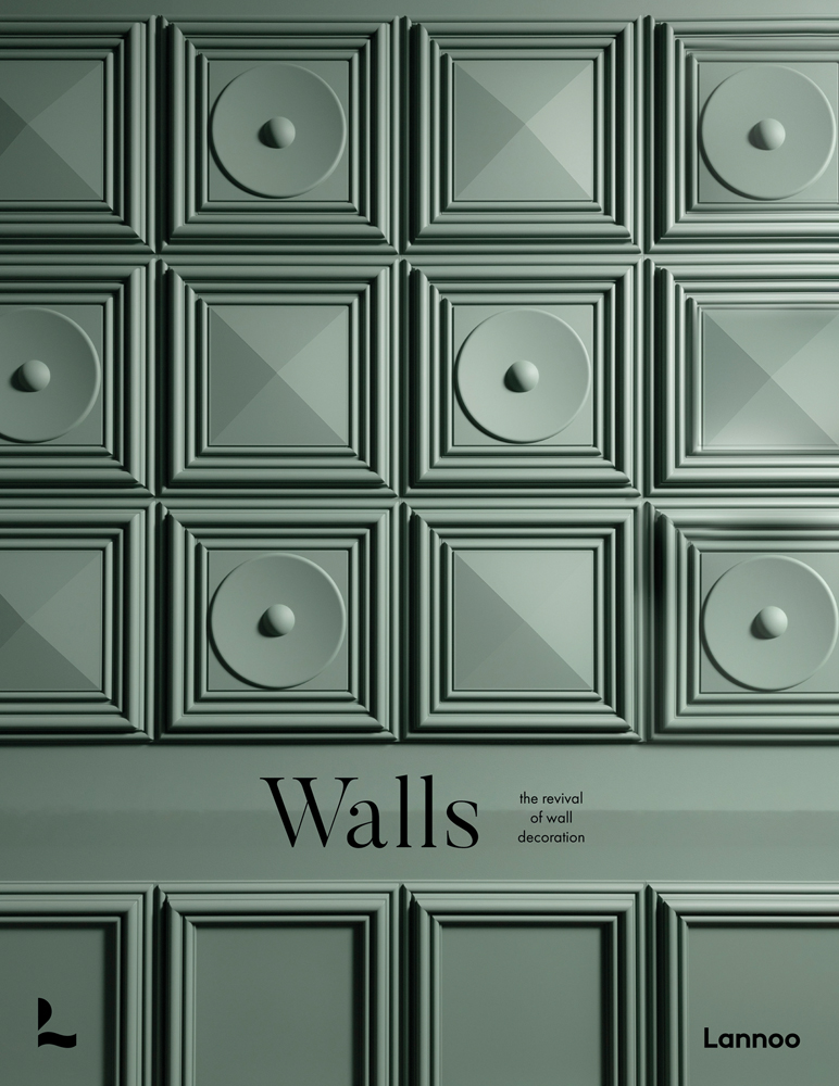 Olive green square paneled wall with circle shapes in alternate squares, on cover of 'Walls, The Revival of Wall Decoration', by Lannoo Publishers.