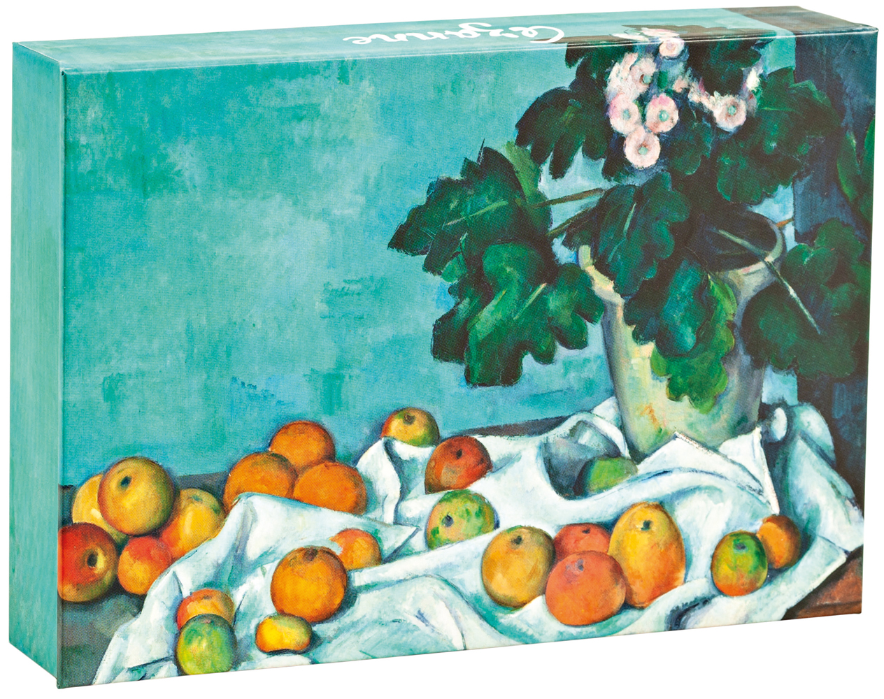 Paul Cezanne's painting 'Still Life with Apples and a Pot of Primroses', on notecard box, by teNeues stationery.
