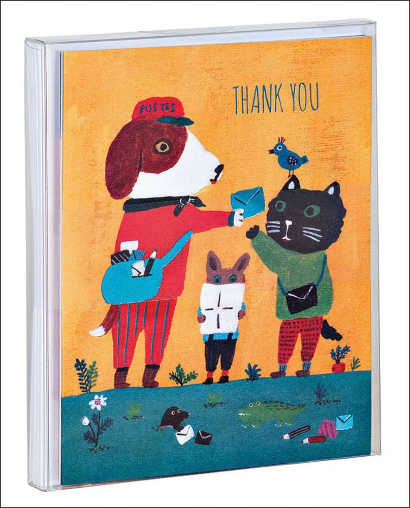 Yumi Kitagishi’s whimsical design of dog mailman handing out post, to notecard, by teNeues stationery.