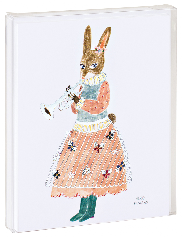 Rabbit in floral dress and green boots, playing a trumpet, on white notecard cover, by teNeues stationery.