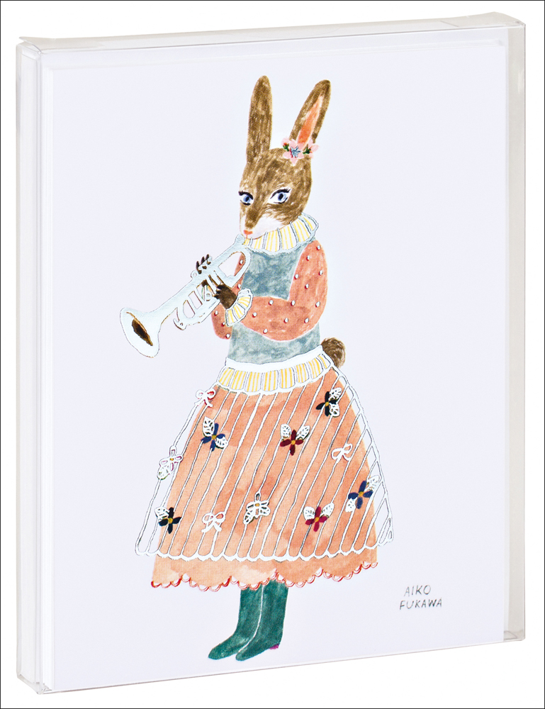 Rabbit in floral dress and green boots, playing a trumpet, on white notecard cover, by teNeues stationery.