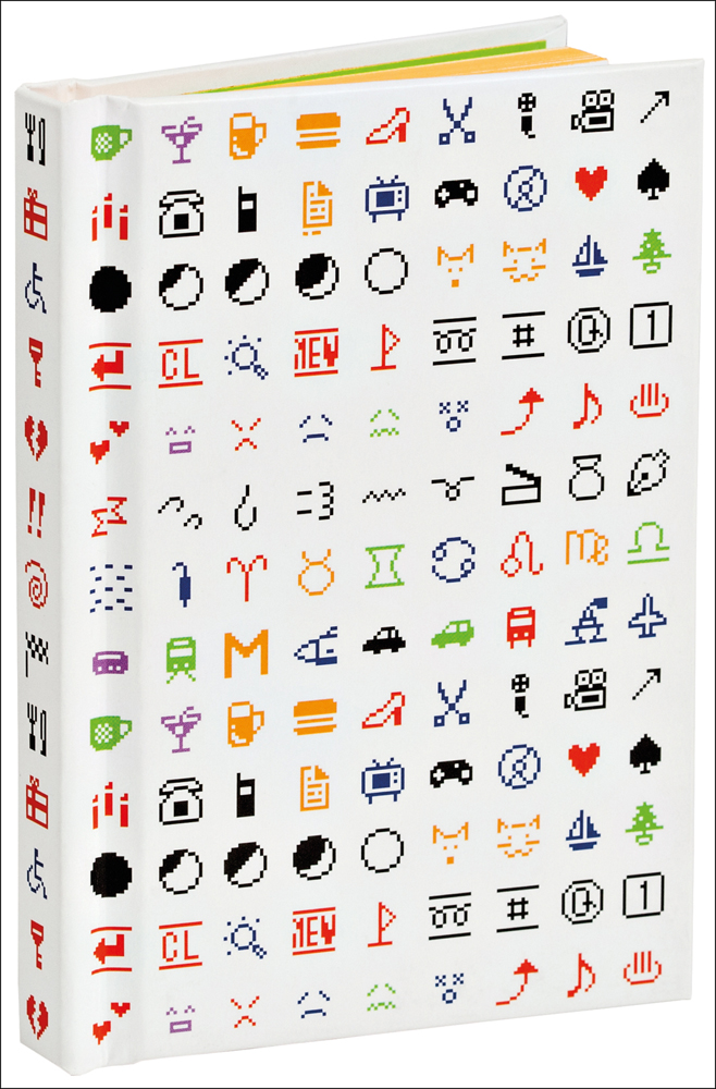 White cover with coloured small emoji symbols of star signs, food and drink, clothes, arrows, music notes, transport, telephones
