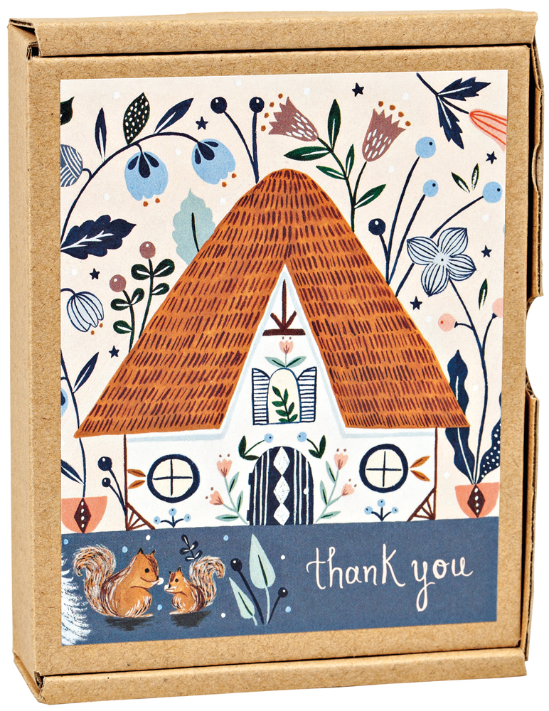 Flora Waycott's folk art cottage with squirrels, on notecard box, by teNeues stationery.