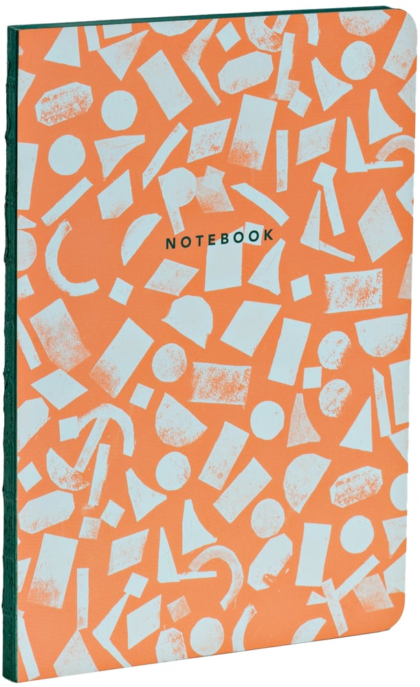 Pale blue shapes on orange cover, to front of A5 notebook, by teNeues stationery.