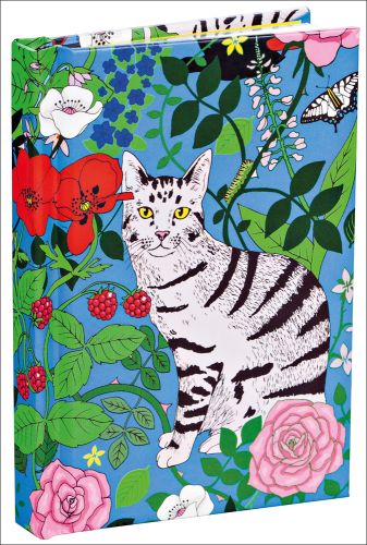 Colour illustrations of black and white striped cat sitting amongst pink roses, red poppies, raspberries, butterflies and green leaves on a blue cover