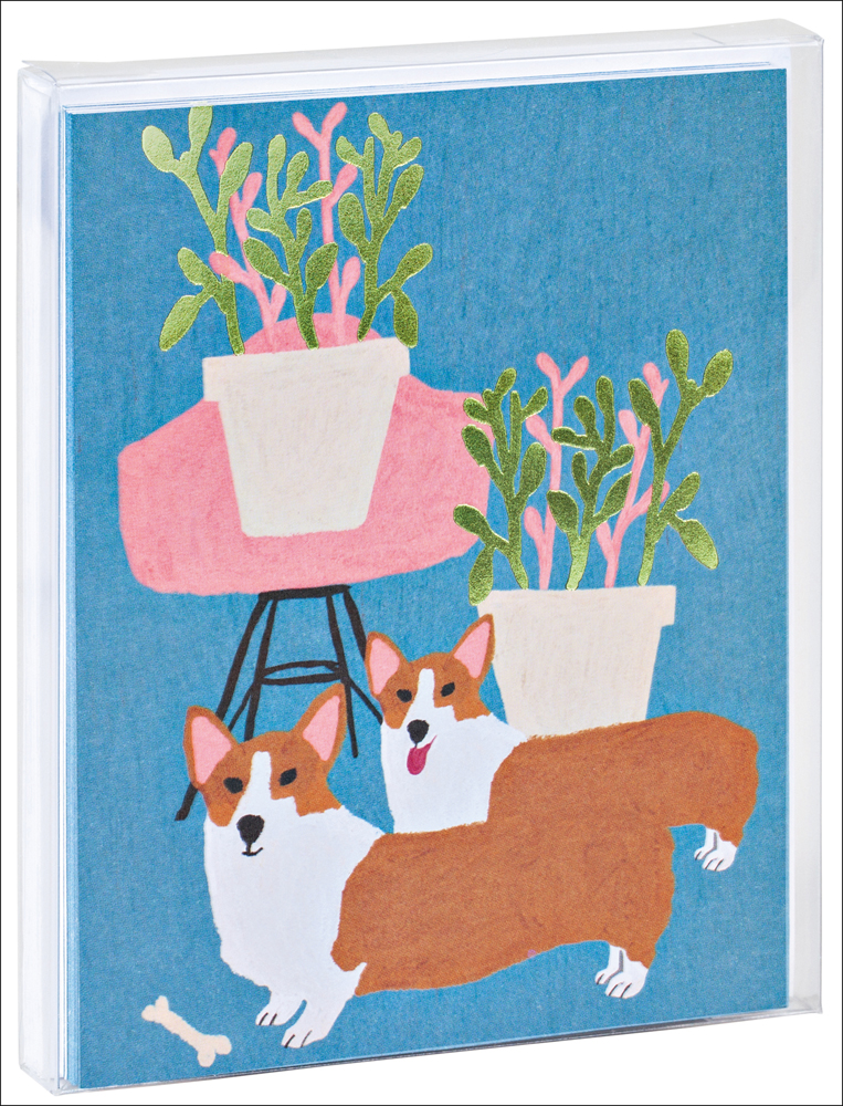 Anne Bentley's corgis with houseplants design to notecard, by teNeues stationery.