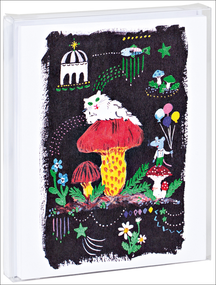 Yumi Kitagishi’s whimsical white cat sitting on toadstool design, to notecard, by teNeues Stationery.