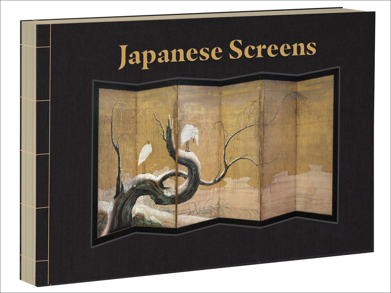 Landscape painting of a leafless tree with curled trunk framed in black with Japanese Screens in gold font above