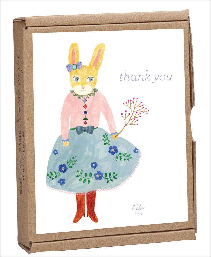 Aiko Fukawa's cute bunny dressed in skirt and cardigan design, to 'thank you' notecard box, by teNeues' Stationery.