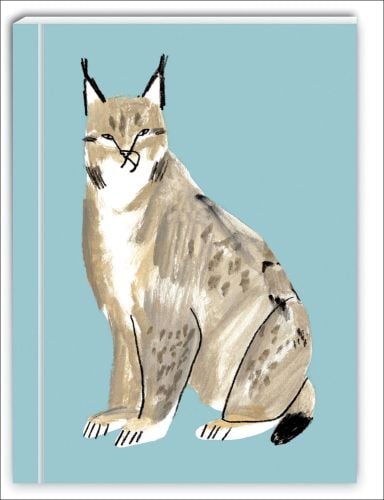 Duck egg blue cover with a beige and black sketchy illustration of a lynx cat