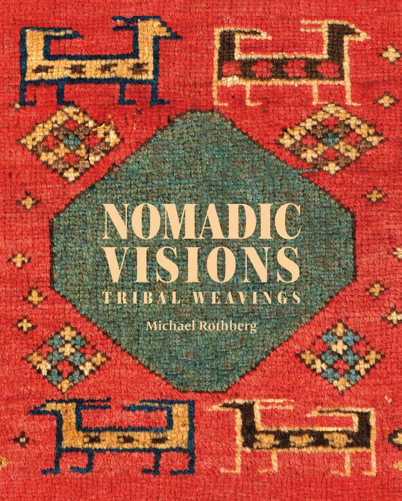 Orange rug with four animals and diamond patterns on cover of 'Nomadic Visions', by Hali Publications.
