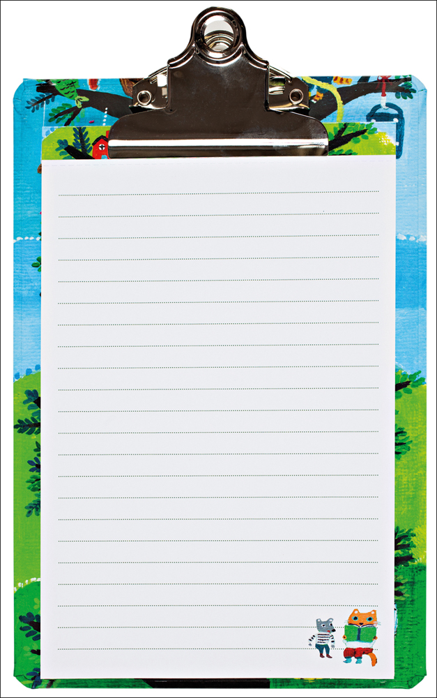 Lined notepad on clipboard featuring Yumi Kitagishi's tree village artwork, by teNeues stationery.