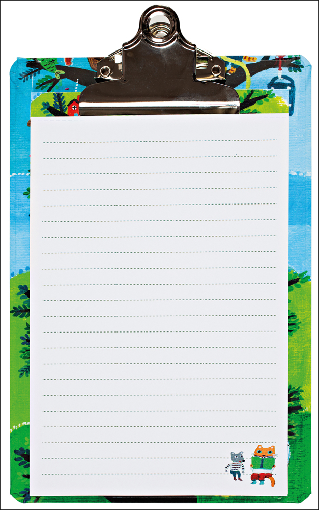Lined notepad on clipboard featuring Yumi Kitagishi's tree village artwork, by teNeues stationery.