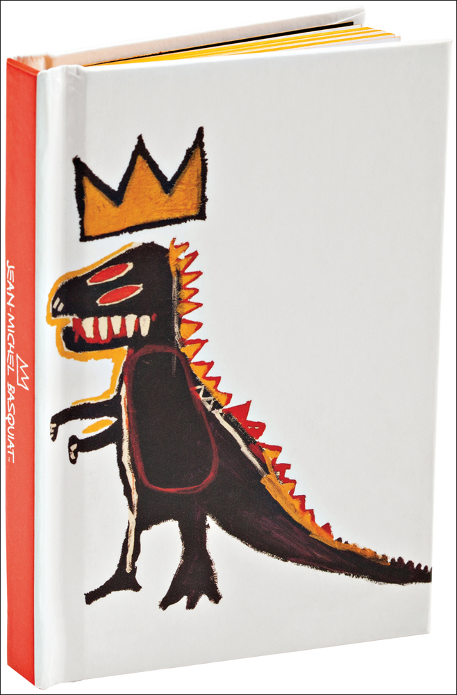 Jean-Michel Basquiat's Pez Dispenser, dinosaur with crown above head, on white notebook cover, by teNeues stationery.