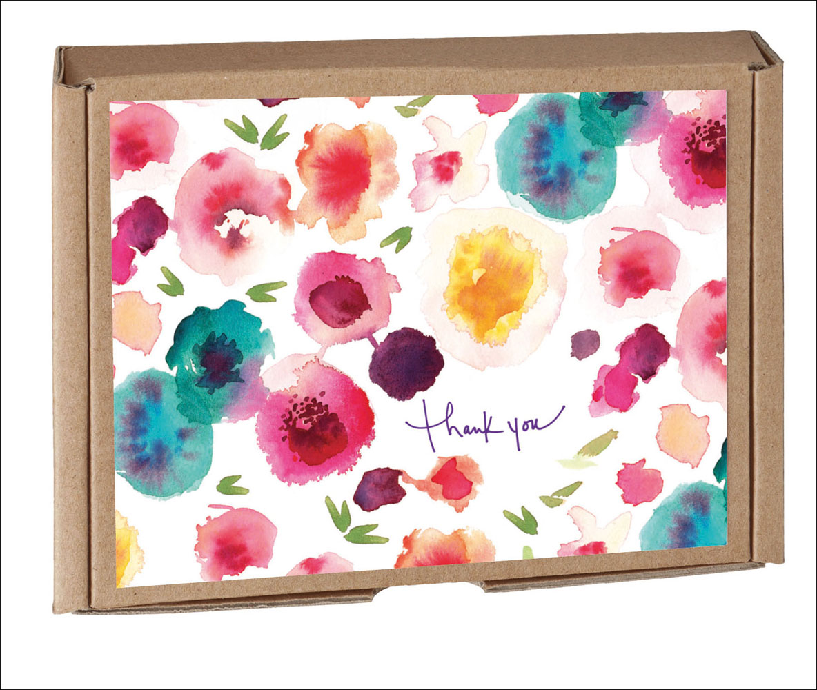 Watercolour floral design by Kelly Ventura, on notecard box, by teNeues stationery.