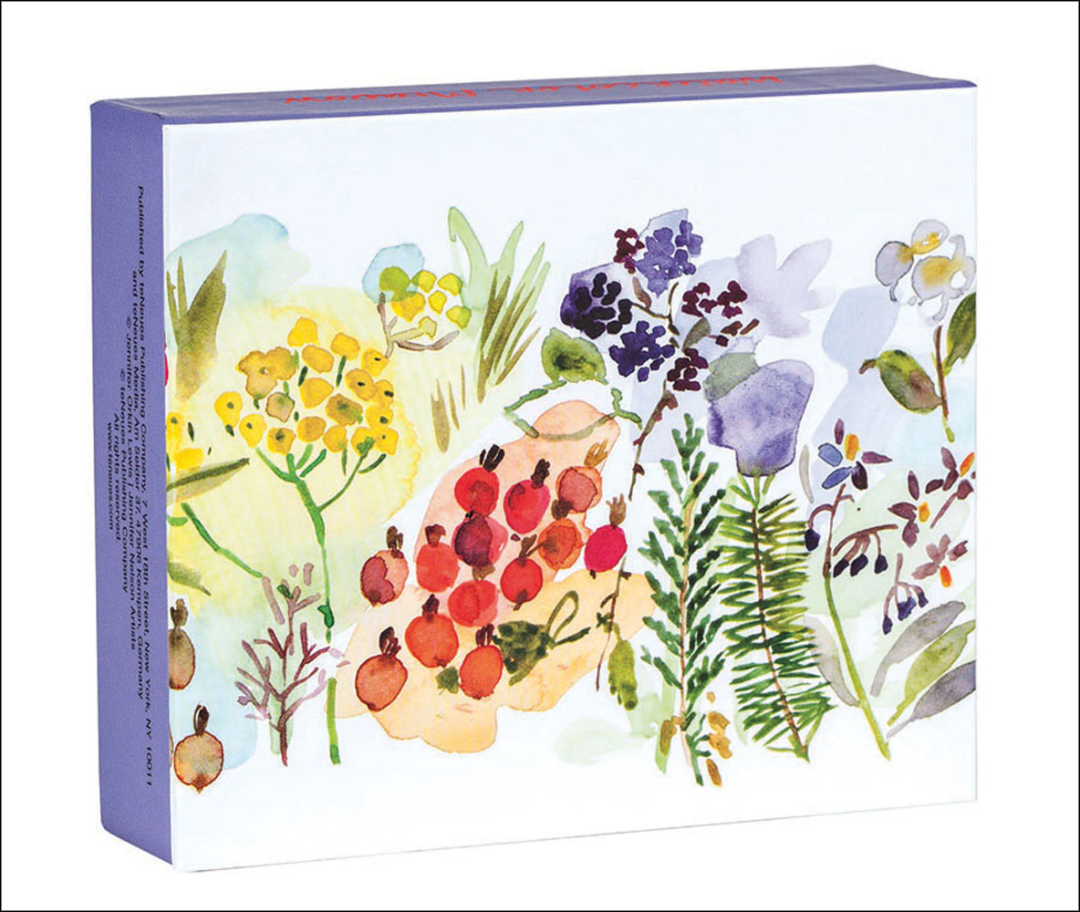 Jennifer Orkin's watercolours of meadow flowers and foliage, on notecard box, by teNeues stationery.