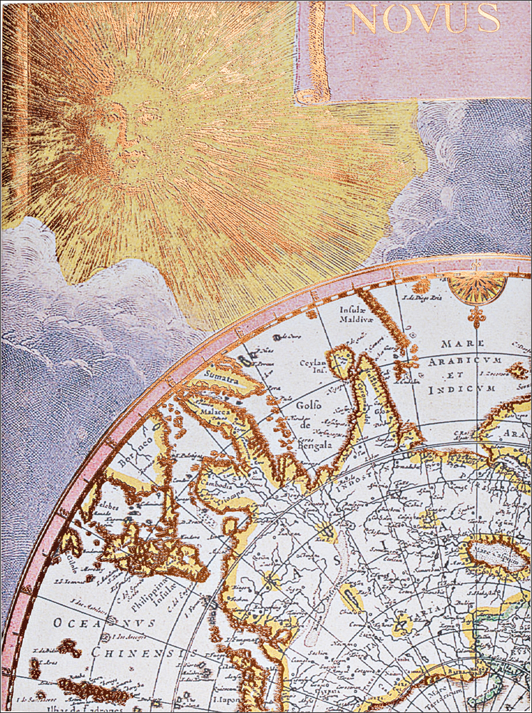 Vintage print of world atlas map with bright gold smiling sun in blue sky, to journal cover, by teNeues stationery.