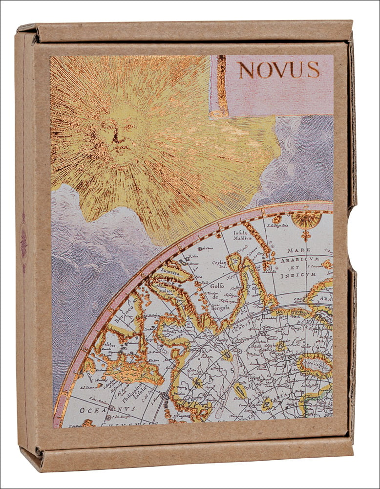 Vintage style map design with gold foil accents, on notecard box, by teNeues stationery.