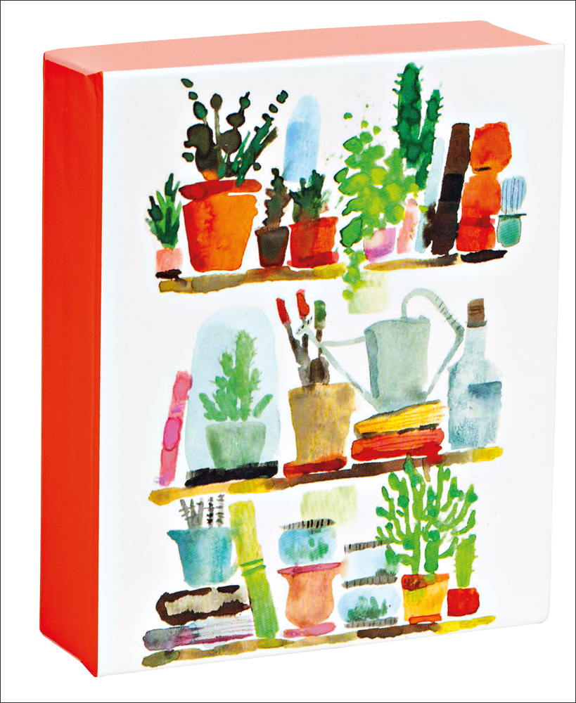Maria Carluccio's design of shelves full of potted plants and books, on notecard box, teNeues Stationery.