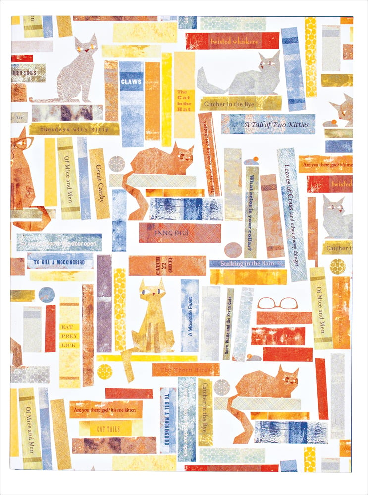 Maria Carluccio's cats perched on shelves full of books, on notebook cover, by teNeues Stationery.