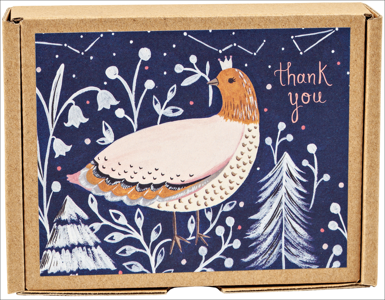 Flora Waycott's folk art Winter Bird design, 'thank you' in pink font to upper right, to notecard box, by teNeues stationery.
