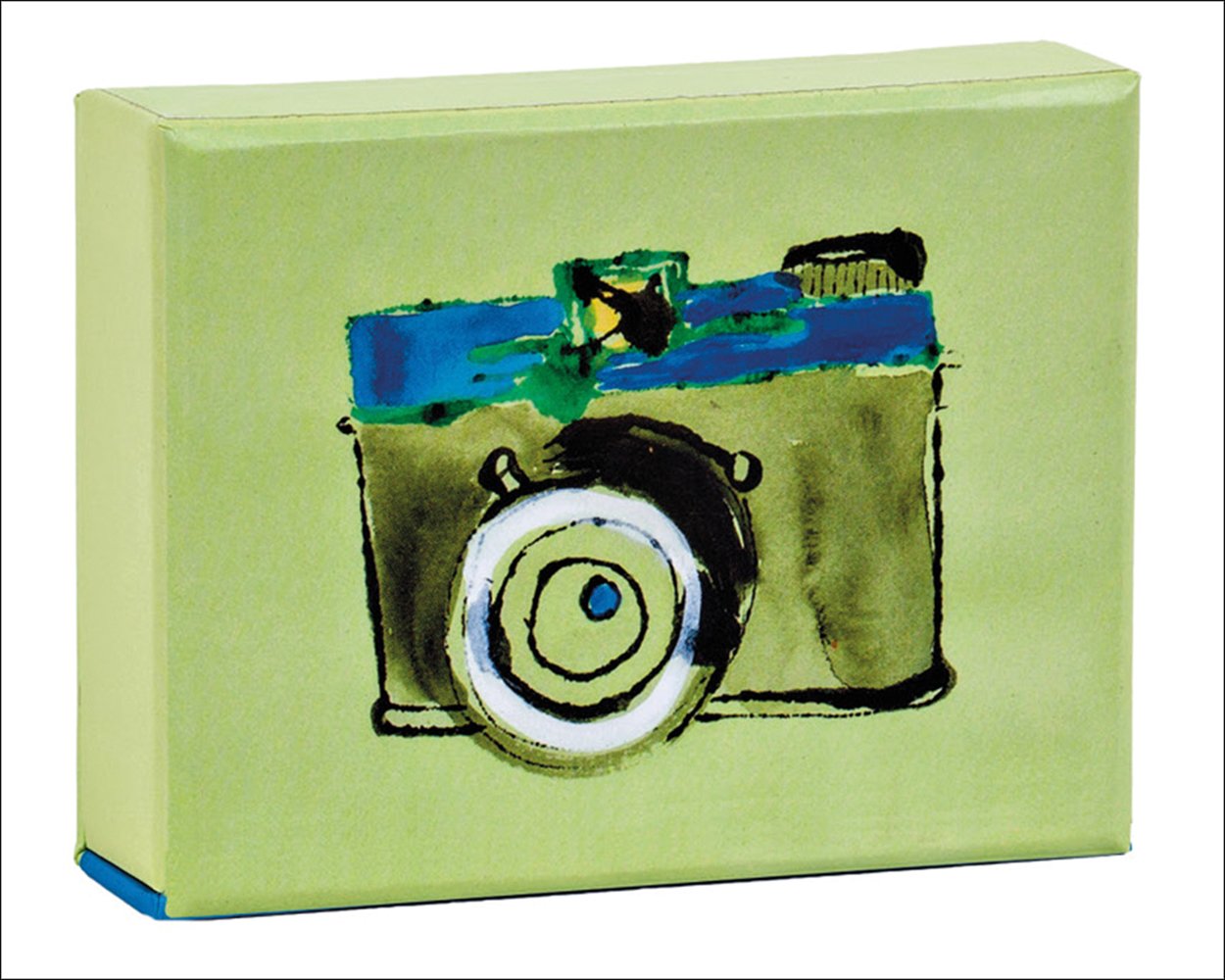 Watercolour painting of camera by Kimberly Ellen Hall, on playing card box, by teNeues stationery.