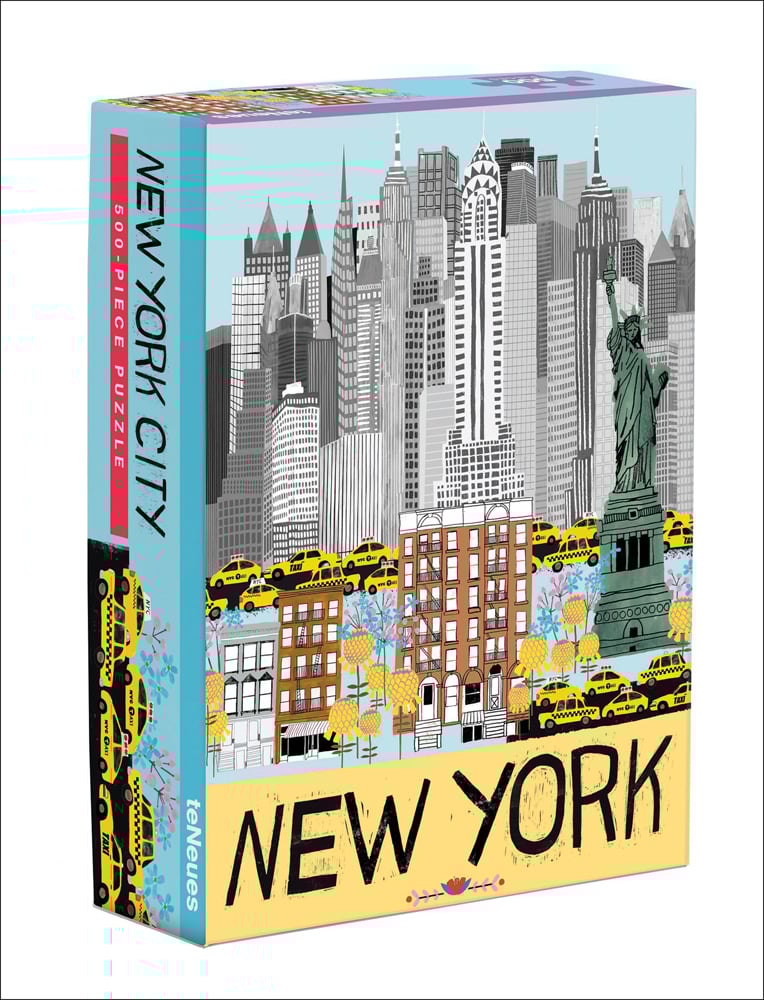 Anisa Makhoul's print of New York City, with statue of liberty and yellow taxis, NEW YORK, in black font below, on puzzle box.