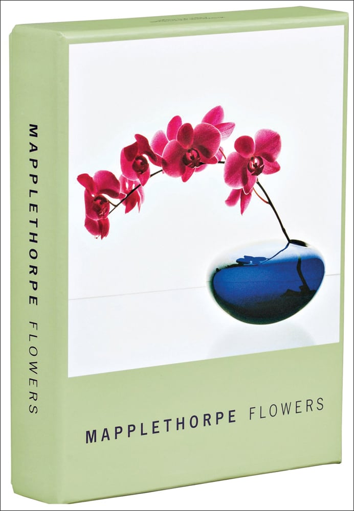 Robert Mapplethorpe's photograph of pink orchid in blue vase, on notecard box, by teNeues stationery.