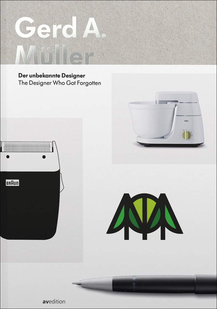 Photo of white food processor, Braun shaver, fountain pen and green and black logo with Gerd A. Müller in white grey font on top grey banner