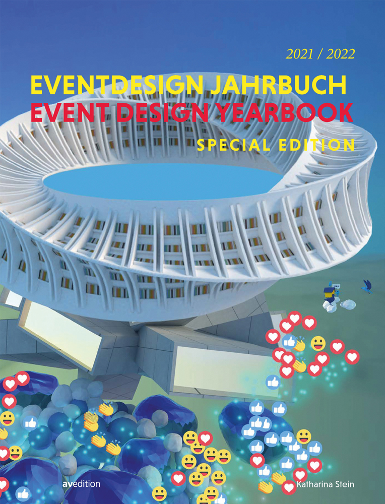 White architectural building with emojis of hearts, smiley faces, thumbs up and clapping hands, on cover of 'Event Design Yearbook, Special Edition', by Avedition Gmbh.