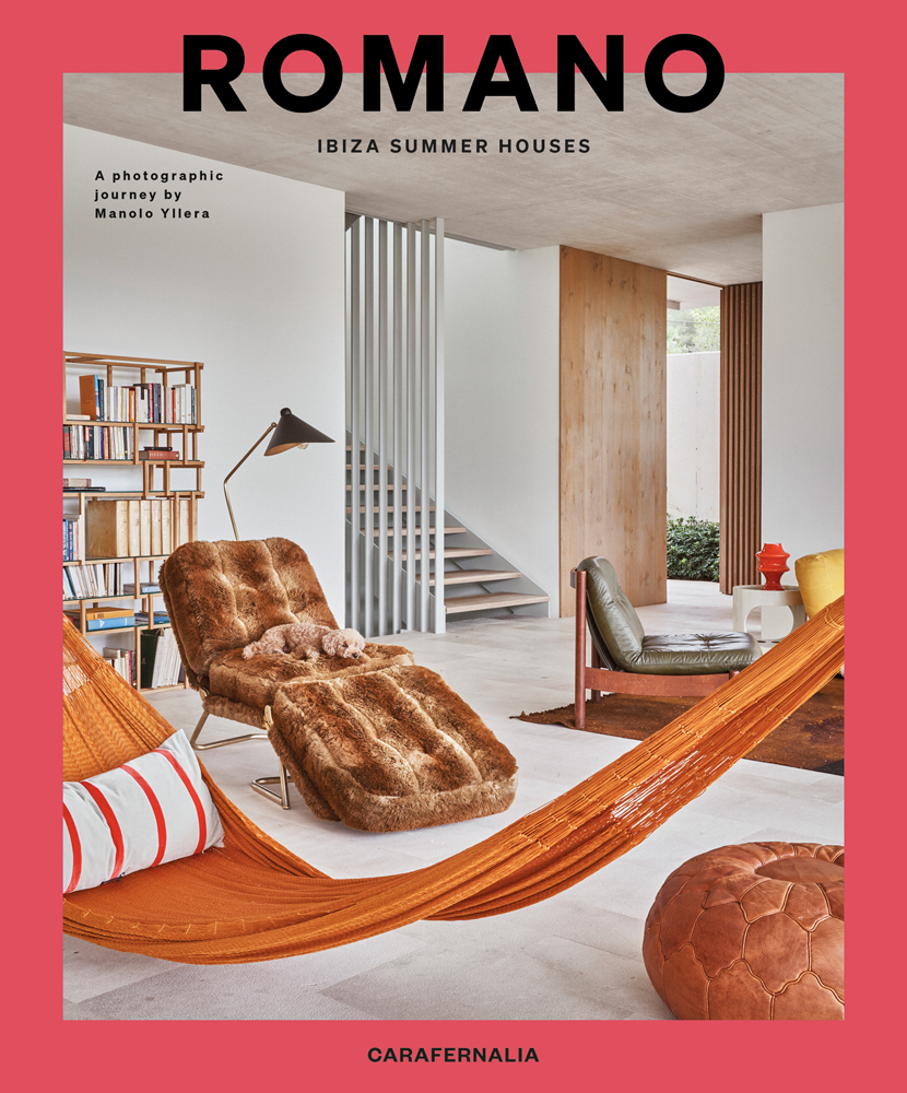 Interior with orange hammock, brown fur chair and foot stool with Romano in black font above